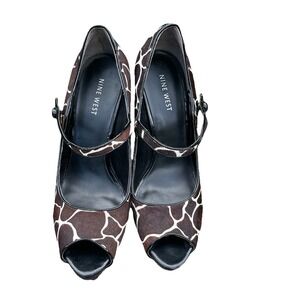 Nine West Size 8 M Peep Toe Mary Jane Calfskin Pump Heel‎ Nicks Y2K Animal Print